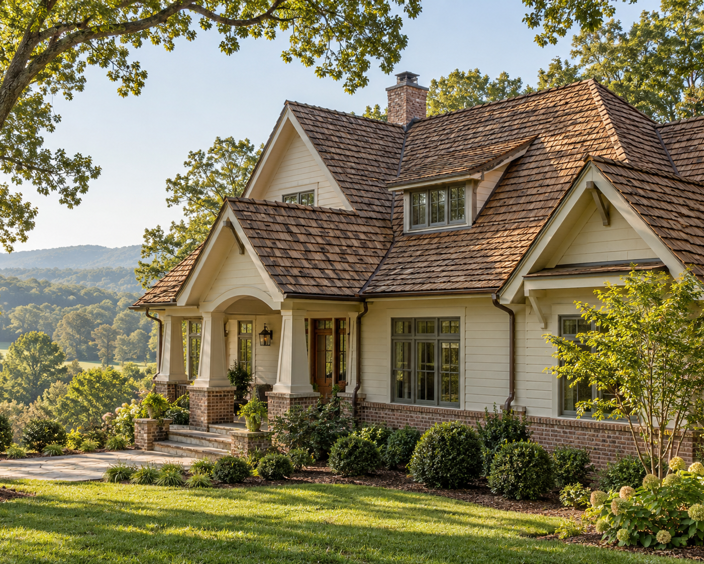 Illustration of a North Carolina craftsman home with a textured cedar wood shake roof