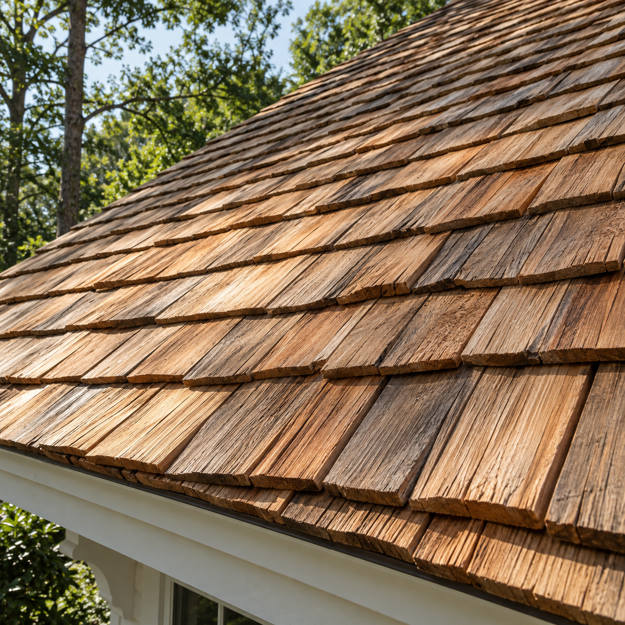 Illustration showing thick cedar wood shakes with split grain and staggered overlapping courses