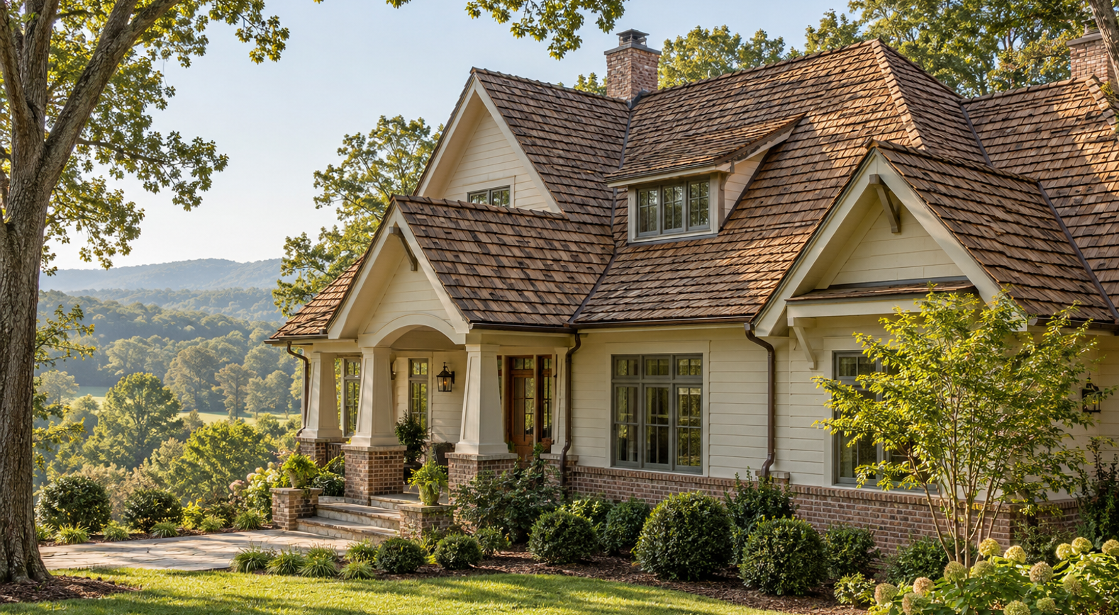 Illustration of a North Carolina craftsman home with a textured cedar wood shake roof