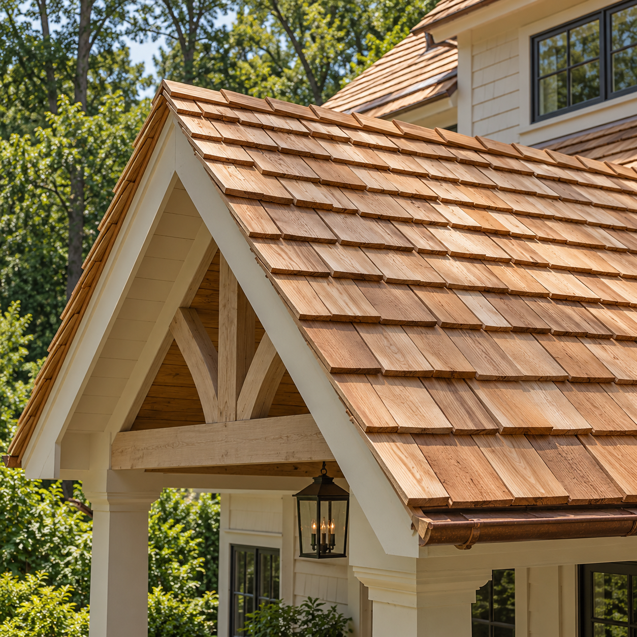 Illustration of a North Carolina porch roof with smooth-faced tapersawn cedar shakes