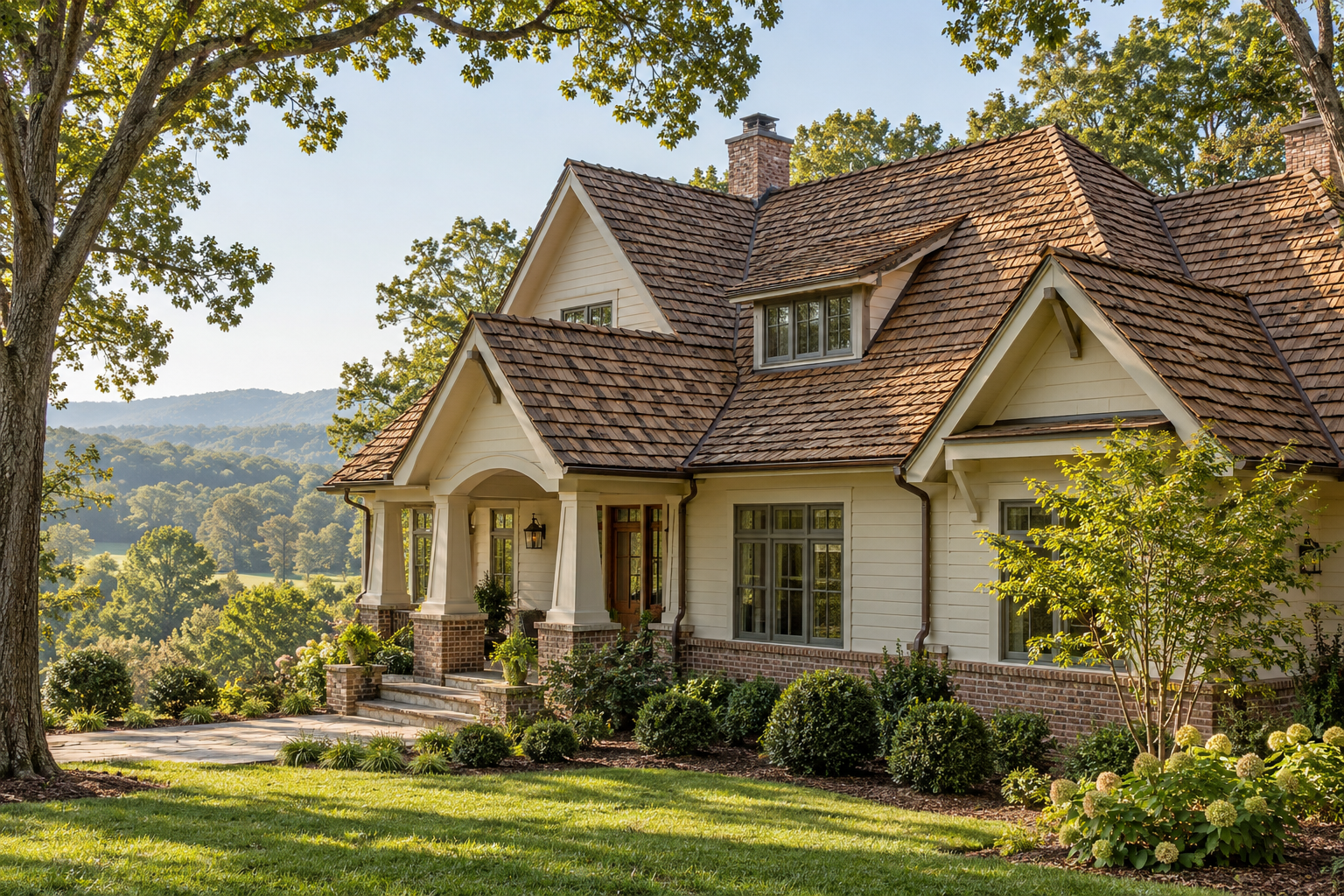 Illustration of a North Carolina craftsman home with a textured cedar wood shake roof