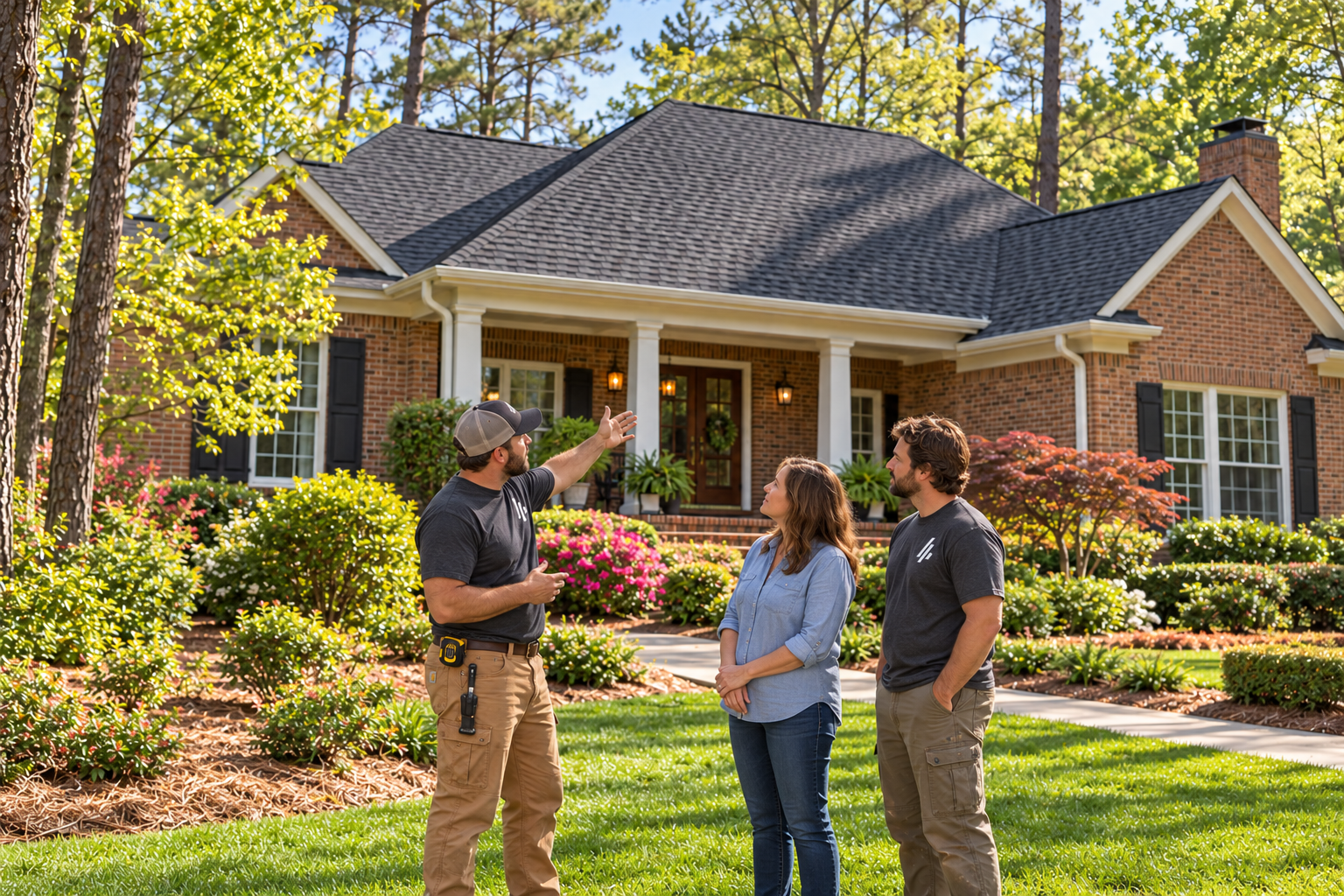 Four people looking at a home's shingle roof.