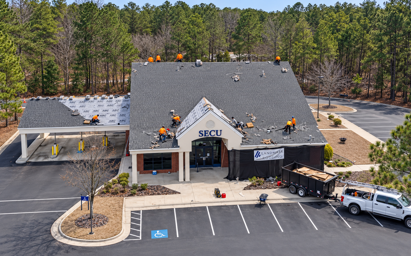 Roofing crew on the shingle roof of a brick commercial building