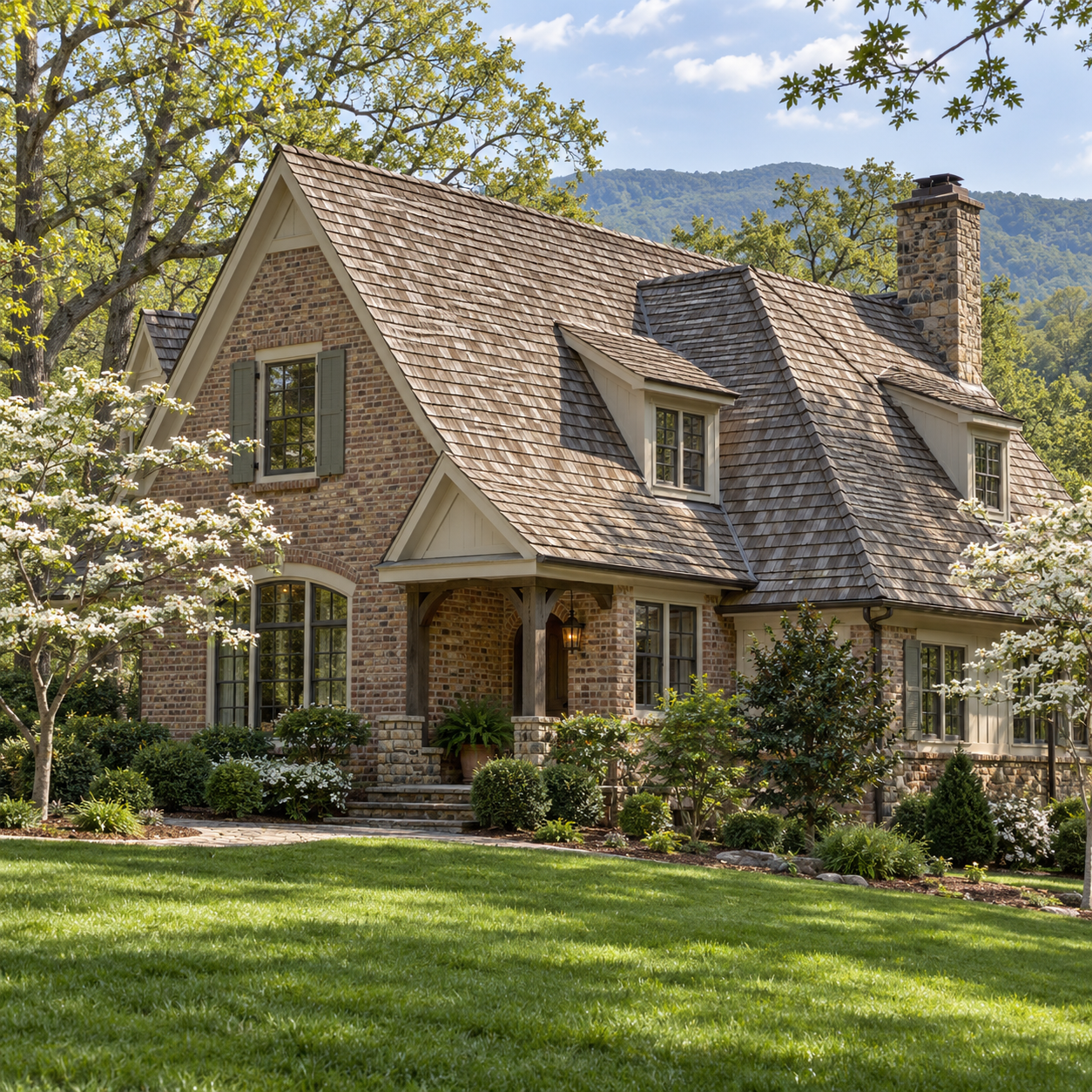 Illustration of a brick cottage with a weathered cedar shake roof in western North Carolina